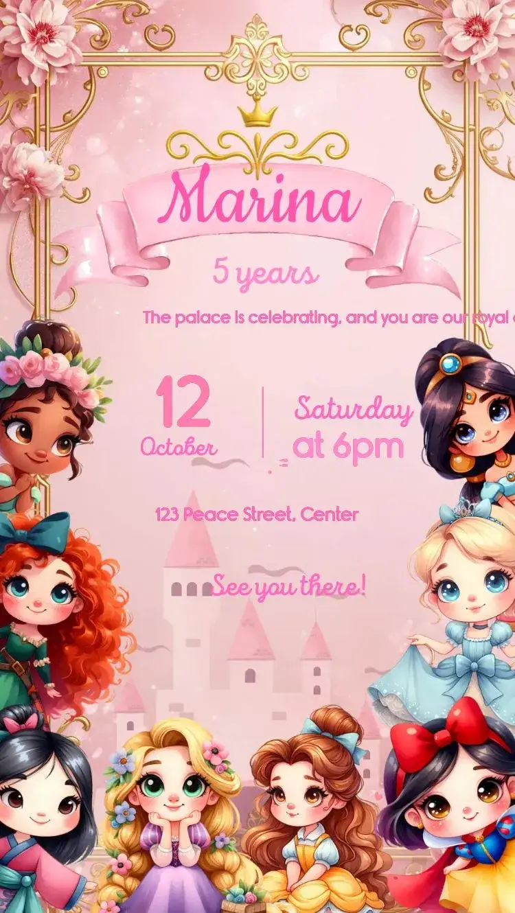 Invitation Disney Princesses – Most searched for theme pastel pink, magical, childlike, princesses, castle