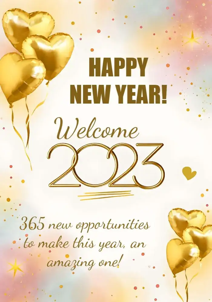 Invitation Golden New Year 2023 – Commemorative Dates theme golden, gray, balloons, modern, elegant, festive