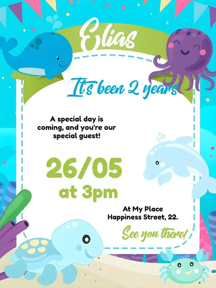 Invitation Under the Sea Dolphin – Kids' Birthday Party theme under the sea, aquatic theme, vibrant colors, illustrations of marine animals, fun style, child-friendly design