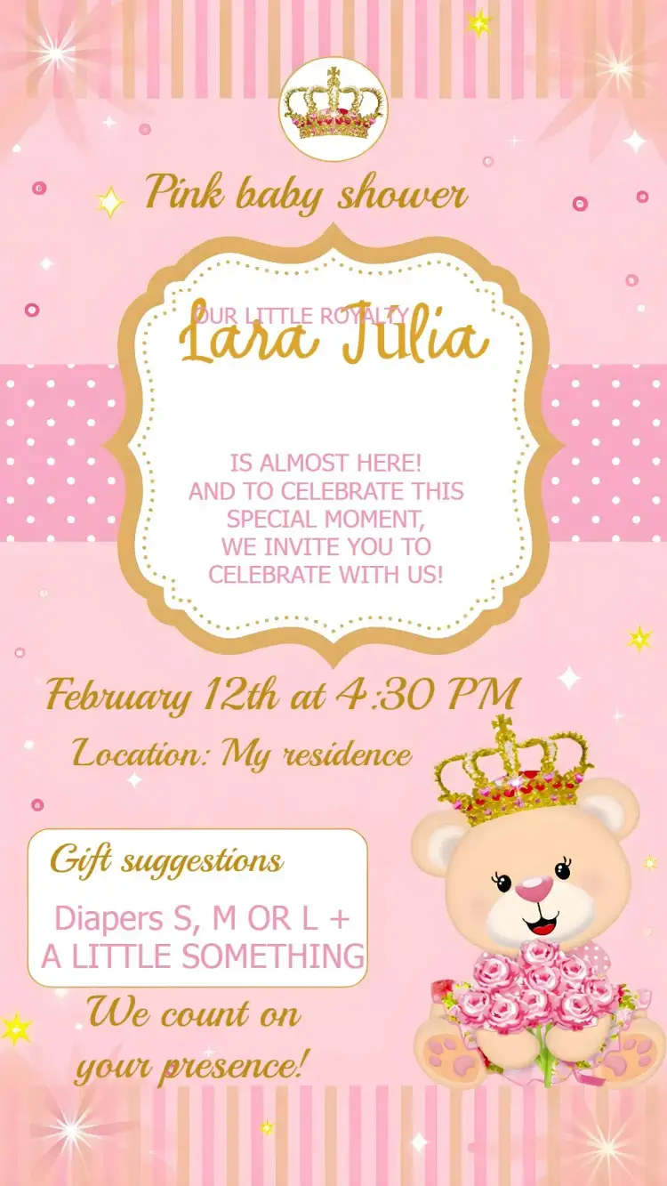 Invitation Princess Crown Teddy Bear Baby Shower – Most searched for theme pink, golden, princess, teddy bear, childish, royalty