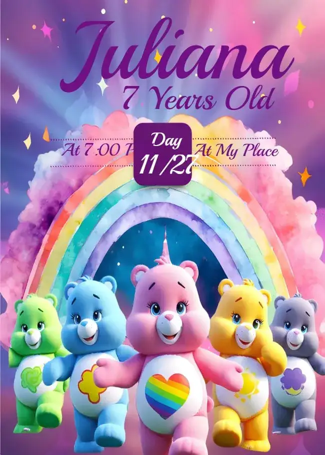 Invitation Care Bears Pink – Kids' Birthday Party theme colorful, cute, childish, fun, cheerful