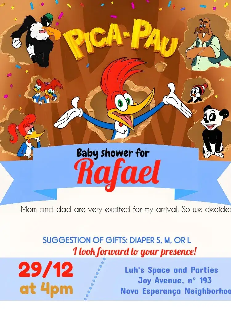 Invitation Pica Pau Baby Shower – Diaper Shower theme colorful, fun, animals, modern, childlike, playful