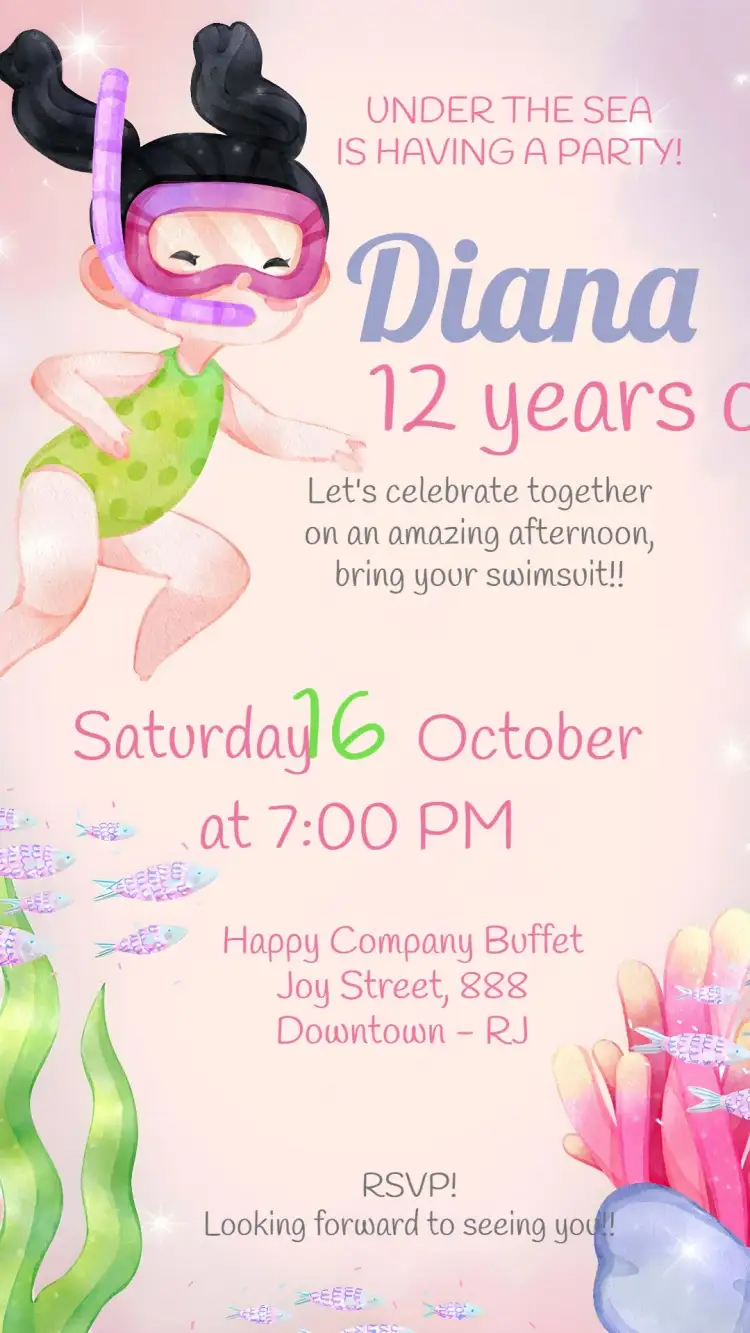 Invitation Under the Sea Watercolor – Kids' Birthday Party theme watercolor, navy blue, colorful, fun, childish, themed