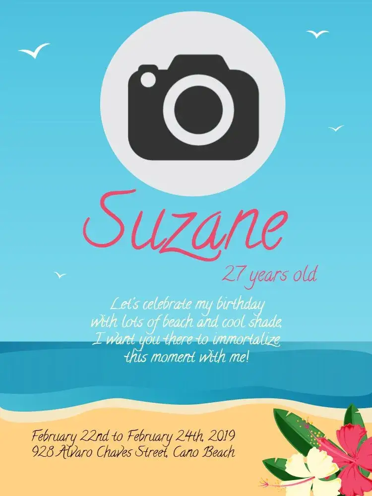 Invitation Na Praia Feminino – Birthday theme beach, summer, floral, colorful, feminine