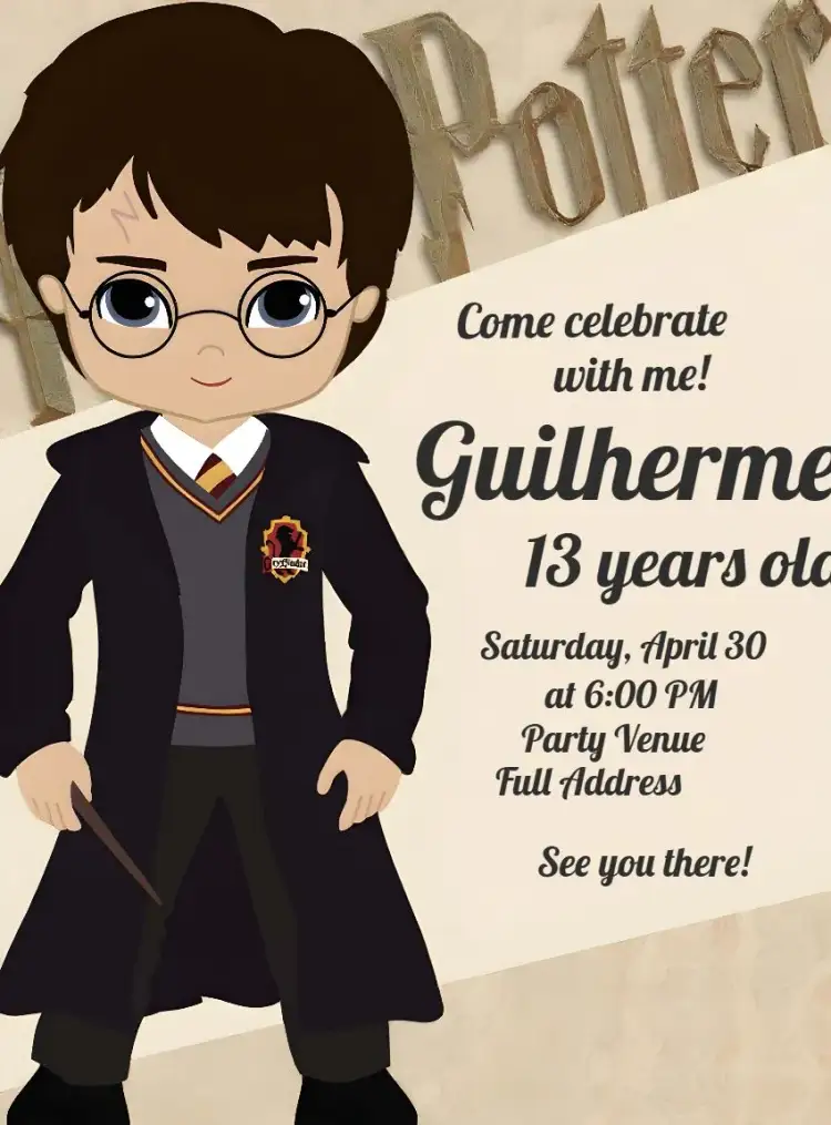 Invitation Harry Potter Gryffindor – Kids' Birthday Party theme magic, fantasy, colorful, youthful, wizard illustrations, Hogwarts elements
