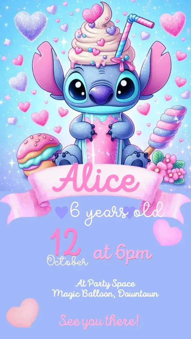 Invitation Cute Stitch on blue background – Kids' Birthday Party theme minimalist, pastel, cute, delicate, childlike