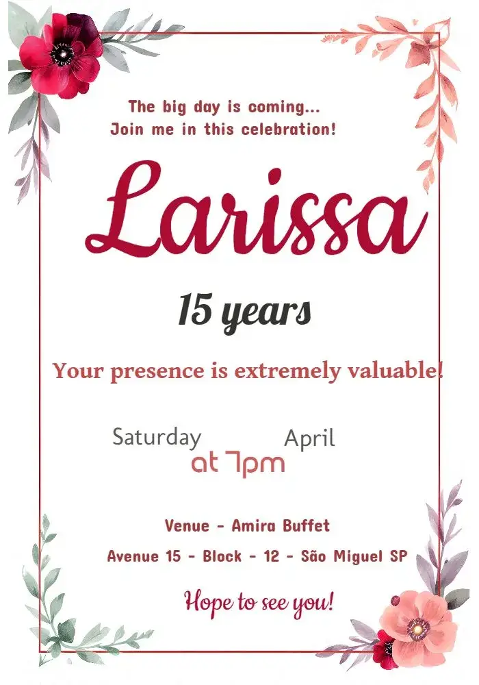 Invite 15 Years Marsala Floral Fifteen editable and customizable