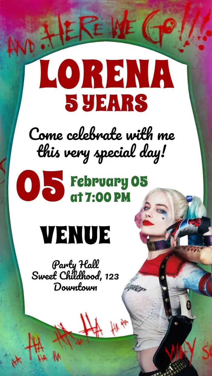 Invitation Harley Quinn – Kids' Birthday Party theme vibrant colors, modern style, dynamic graphic elements, comic-inspired, superhero theme, fun aesthetic