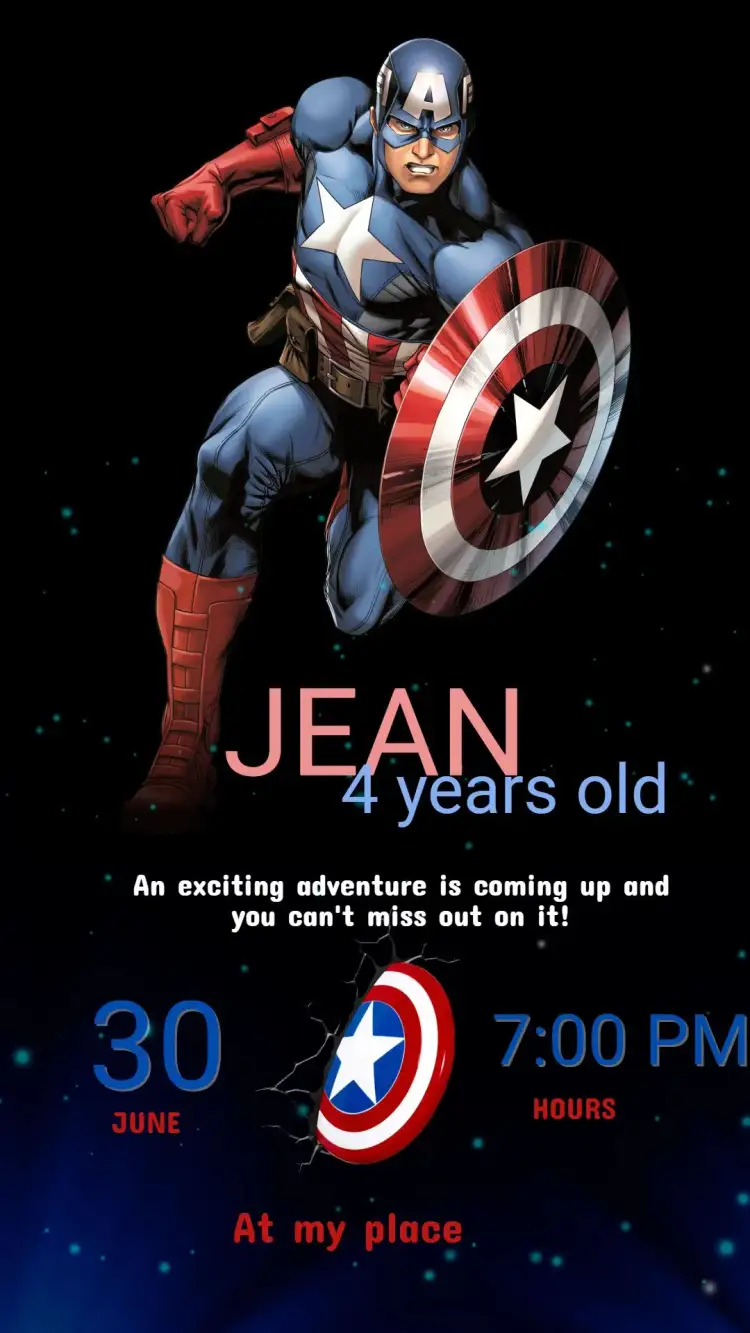 Invitation Digital Invitation Captain America Birthday – Kids' Birthday Party theme vibrant colors, comic book style, superhero elements, modern design, fun illustrations, adventure theme