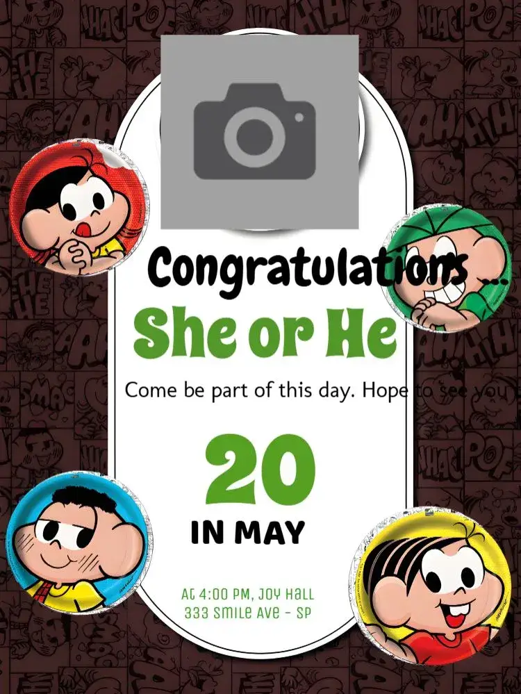 Invitation Monica's Gang With Monica Photo – Kids' Birthday Party theme colorful, fun, childish, animated illustrations, modern