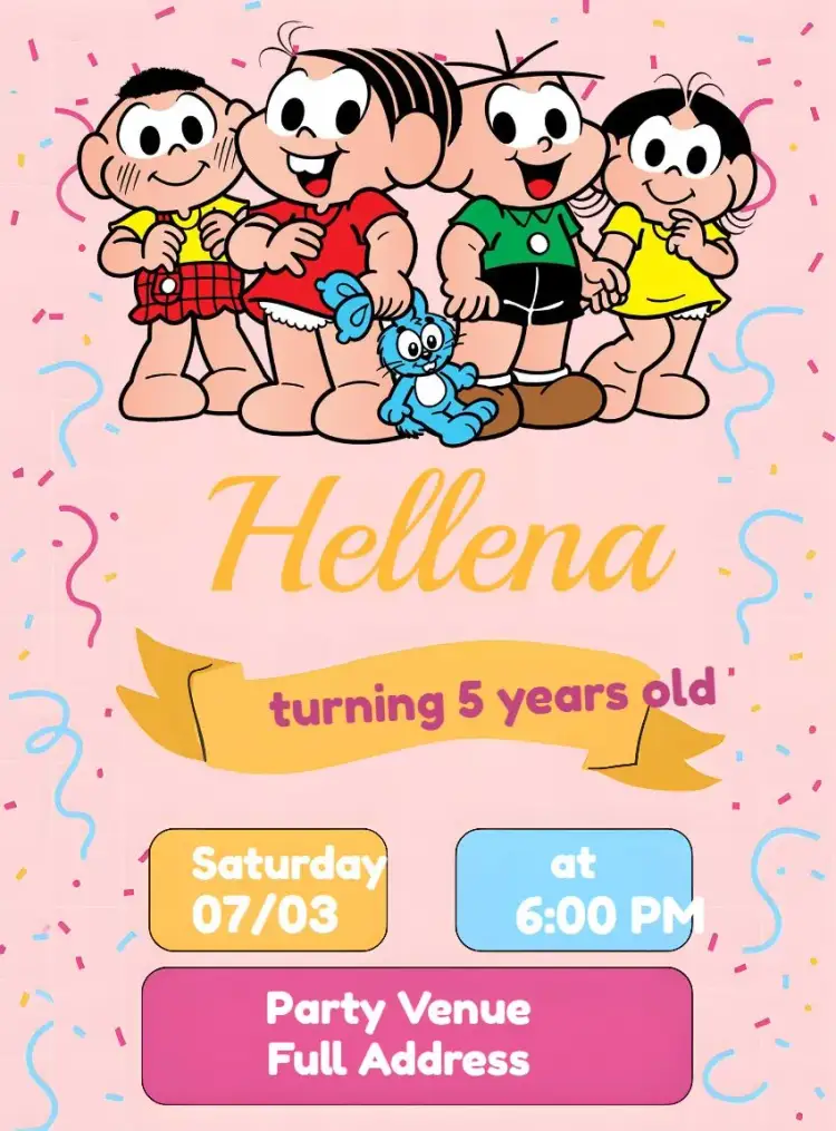 Invitation Turma Da Mônica Souza – Kids' Birthday Party theme colorful, fun, childish, vibrant, themed, illustrative