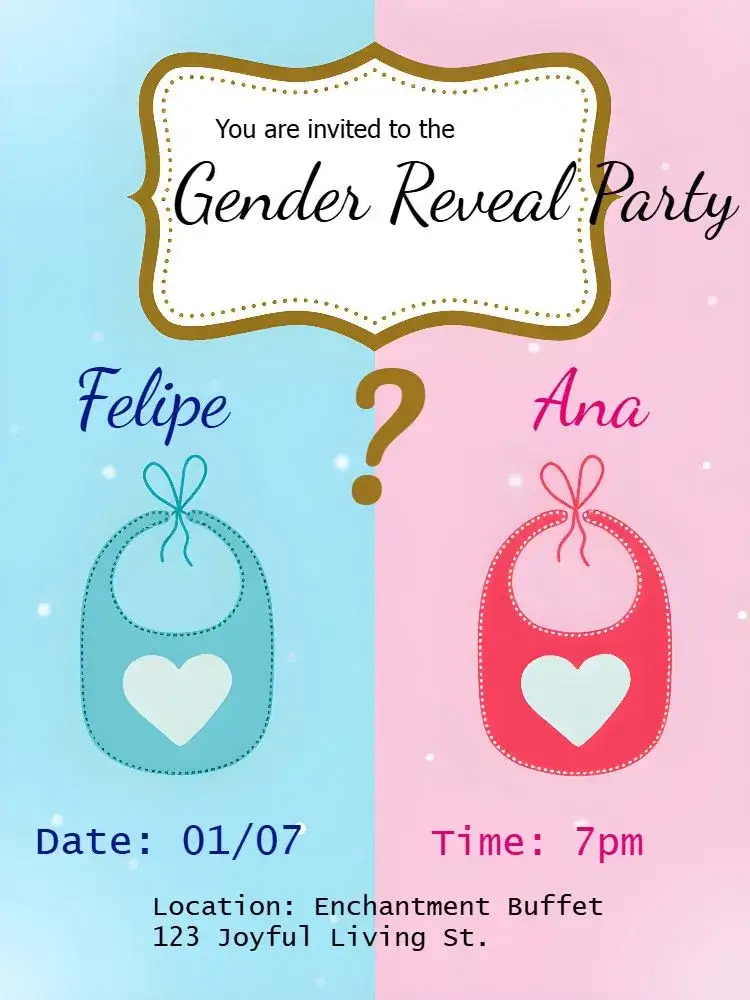 Invitation Reveal Bibs Frame Tea – Gender Reveal theme colorful, playful, modern, playful, blue and pink