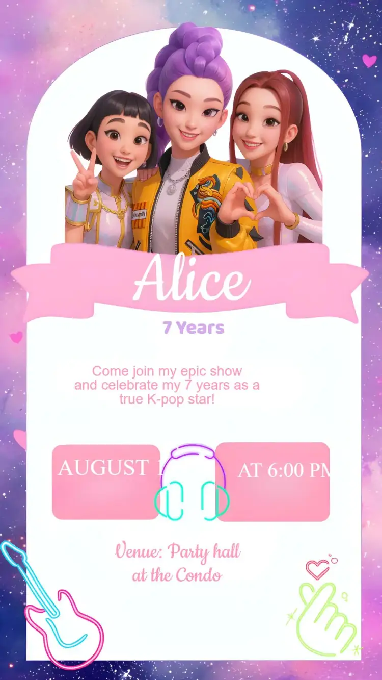 Invitation Invitation Birthday K-POP Warriors – Kids' Birthday Party theme bright, modern, colorful, dynamic, K-POP inspired, feminine