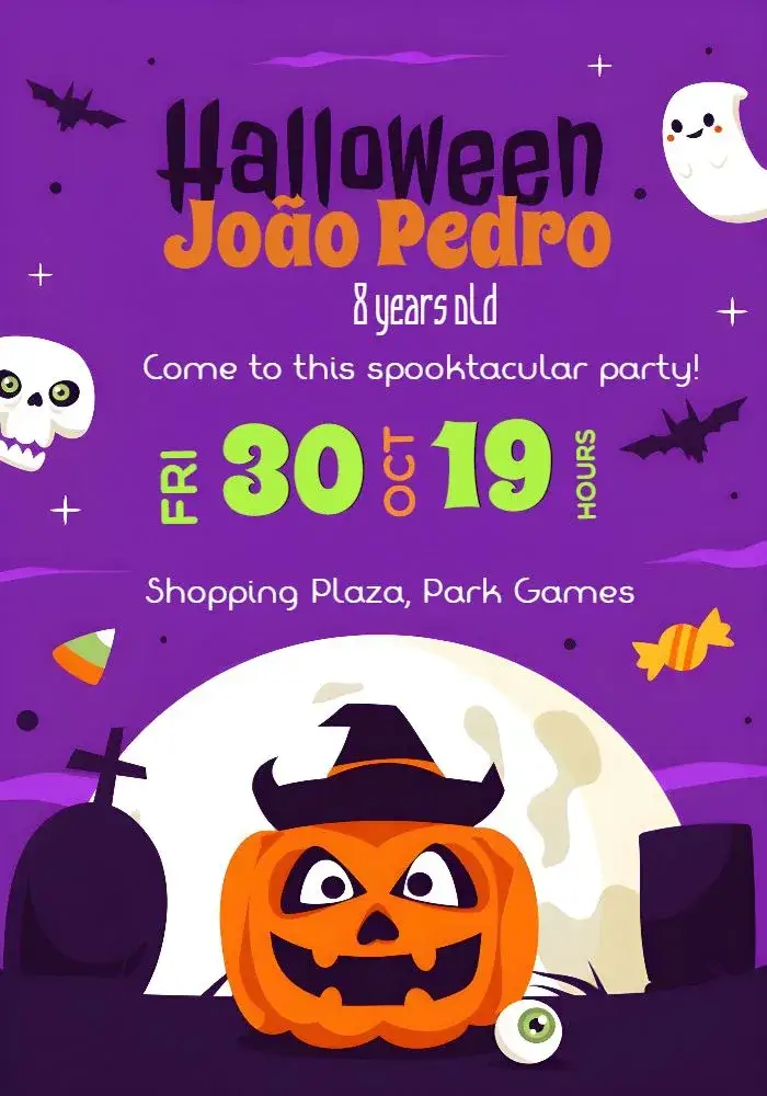 Invitation Children's Halloween Party – Commemorative Dates theme dark colors, costume, Halloween graphic elements, fun style, witch illustrations, colorful design