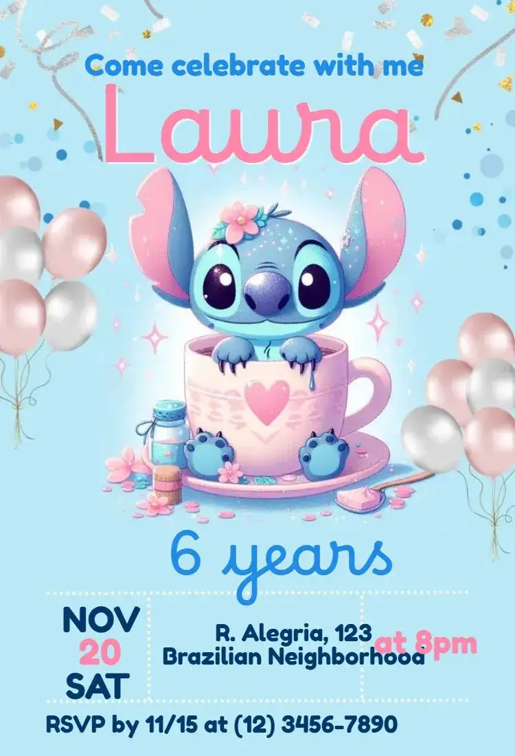 Invitation Stitch – Kids' Birthday Party theme colorful, cartoonish, tropical, fun, childlike, playful