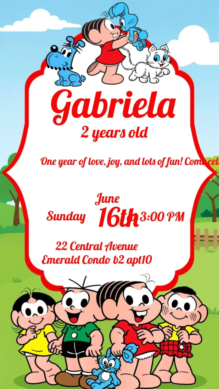 Invitation Turma Da Mônica Colorido – Kids' Birthday Party theme colorful, fun, childish, illustrations, lively