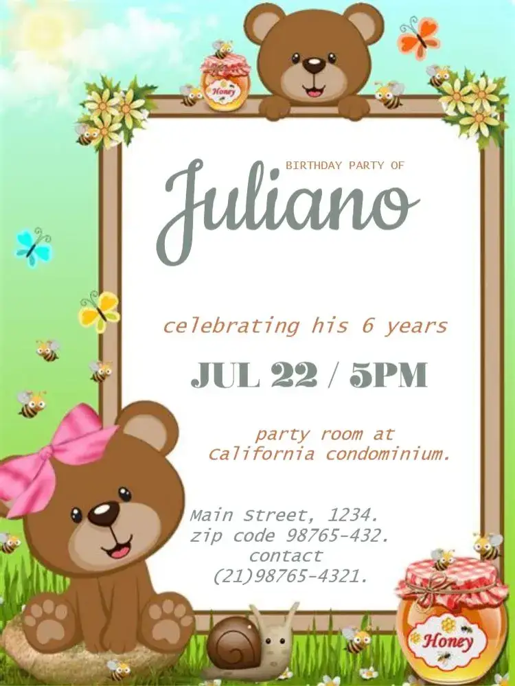 Invitation Sweet Honey Bear Editable Delicate – Kids' Birthday Party theme delicate, floral, watercolor, green, golden, playful