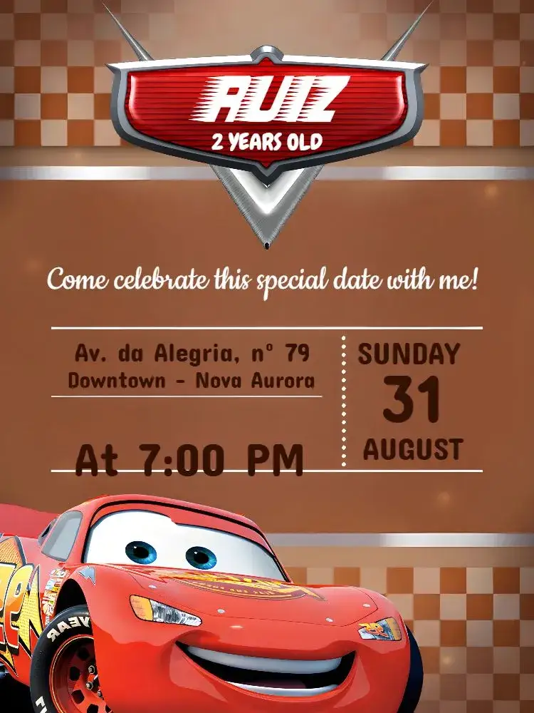 Invitation Lightning McQueen Queen – Most searched for theme vibrant red, modern style, car graphic elements, speed theme, fun and cheerful