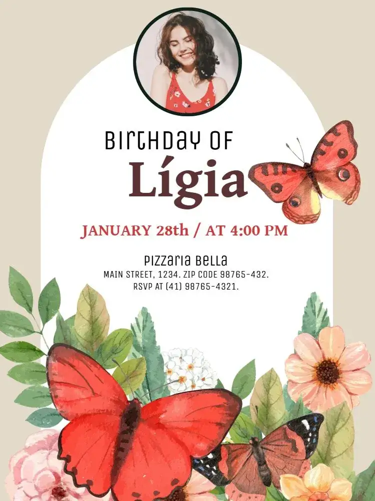 Invitation Garden, Butterfly And Elegant Beige Flowers – Kids' Birthday Party theme floral, elegant, delicate, nature-themed, pastel, colorful