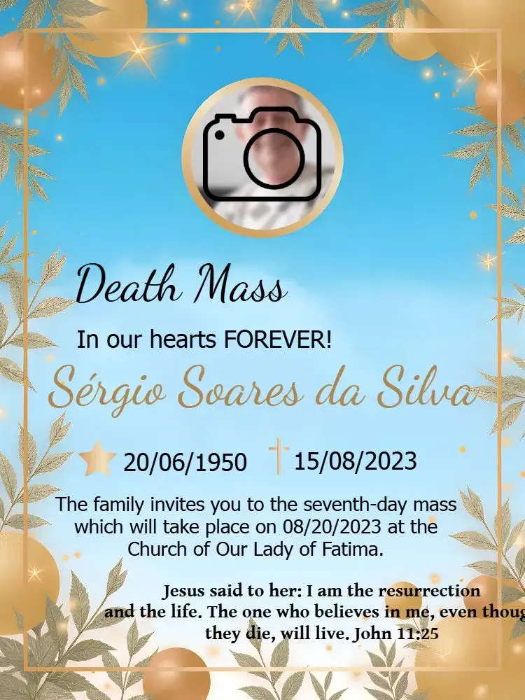 Invitation Seventh Day Mass With Wake Photo – Commemorative Dates theme soft blue, elegant gold, pure white, minimalist, spiritual, comfort