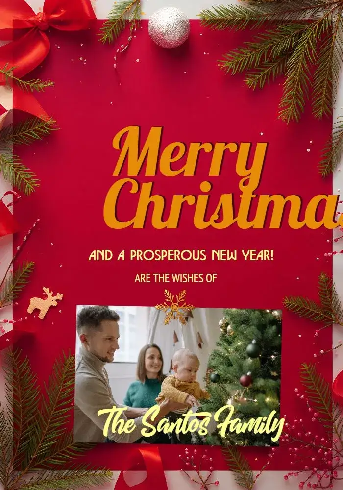 Invitation Christmas Photo Gift Card – Commemorative Dates theme red, golden, snow, modern, festive, family