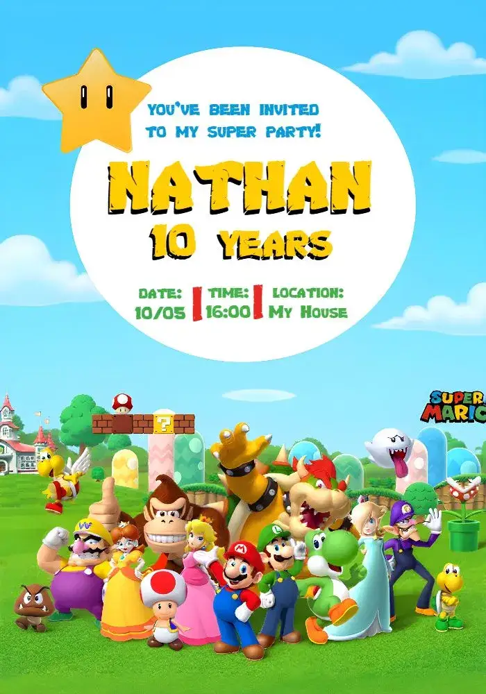 Invitation Super Mario Bros – Birthday theme colorful, games, fun, fantasy, vintage, modern