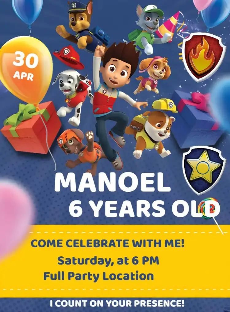 Invitation Paw Patrol Rubble – Kids' Birthday Party theme vibrant blue, Paw Patrol characters, fun style, childish design, playful graphic elements, adventure theme