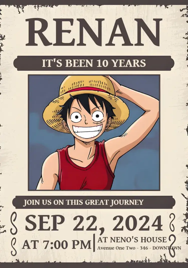 Invitation One Piece Wanted Onepiece – Most searched for theme adventure, pirate, brown, anime, fun, themed