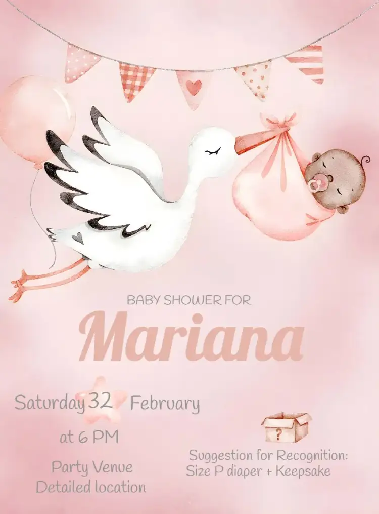 Invitation Stork Watercolor Pink Baby Shower – Diaper Shower theme watercolor, soft pink, childlike illustrations, delicate, modern, fun