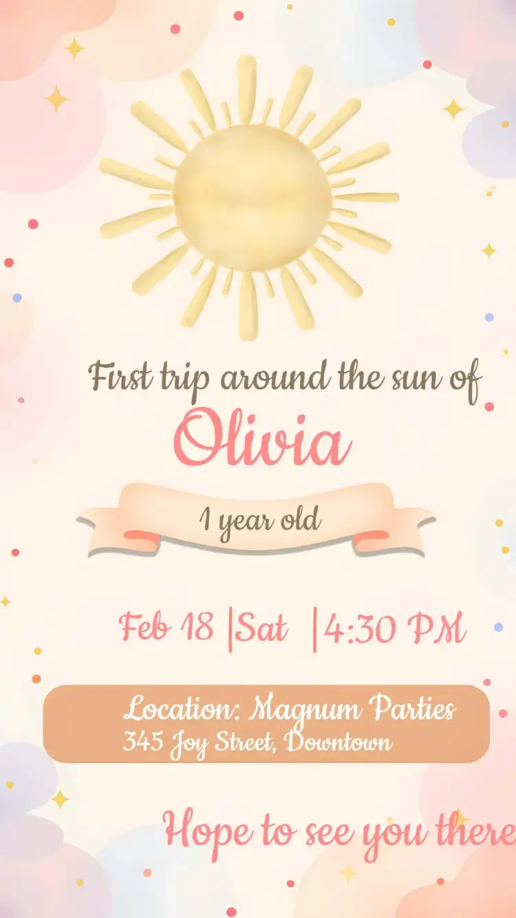 Invitation First Orbit Around the Sun – First Communion theme colorful, minimalist, playful, modern, delicate, floral