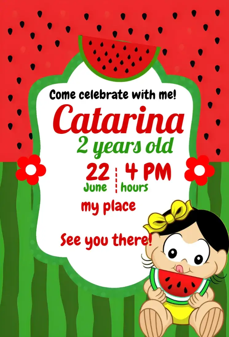 Invitation Magali Baby Da – Most searched for theme colorful, childish, fun, watermelon theme, Monica's Gang characters