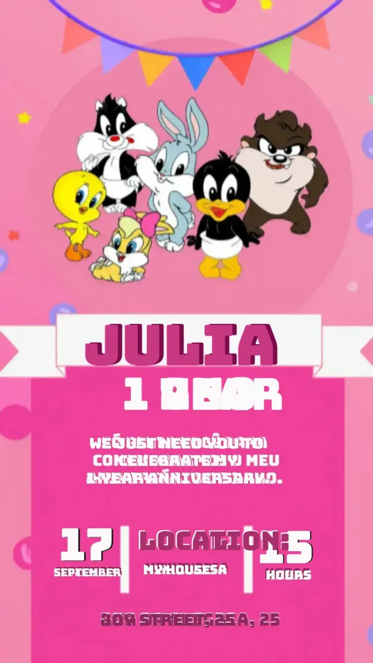 Invitation Looney Tunes Baby Year – Commemorative Dates theme colorful, fun, childish, lively, playful