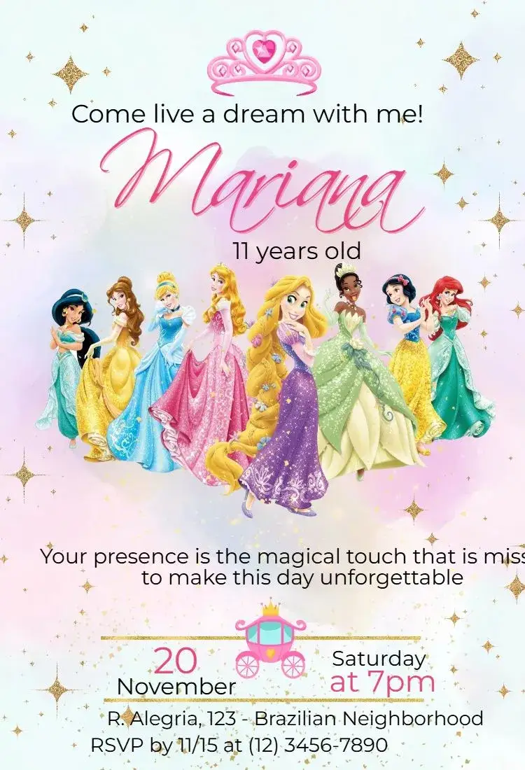 Invitation Princesses – Card theme pastel colors, enchanted style, fairy tale elements, princess illustrations, floral details, glitter and magic