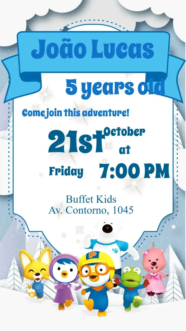Invitation Pororo – Kids' Birthday Party theme colorful, fun, childish, playful, themed, lively