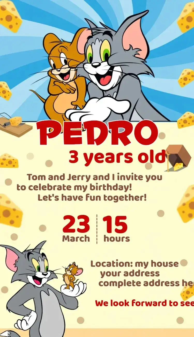 Invitation Tom and Jerry – Birthday theme colorful, fun, playful, childish, themed