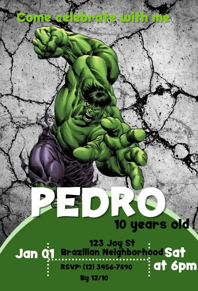 Invitation Hulk – Kids' Birthday Party theme green and purple, superhero-themed, cartoon style, vibrant, fun, dynamic