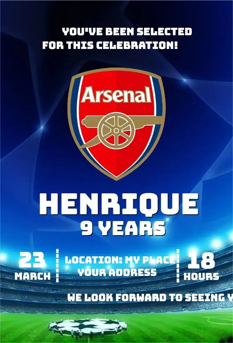 Invitation Arsenal 1 – Birthday theme football, modern, vibrant, sporty, colorful