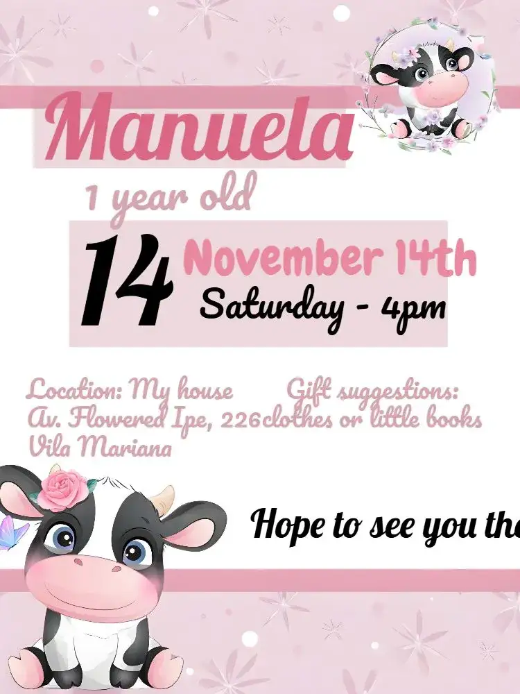 Invitation Pink Brown Cow – Commemorative Dates theme farm theme, vintage style, colorful theme, children's theme, playful, animals