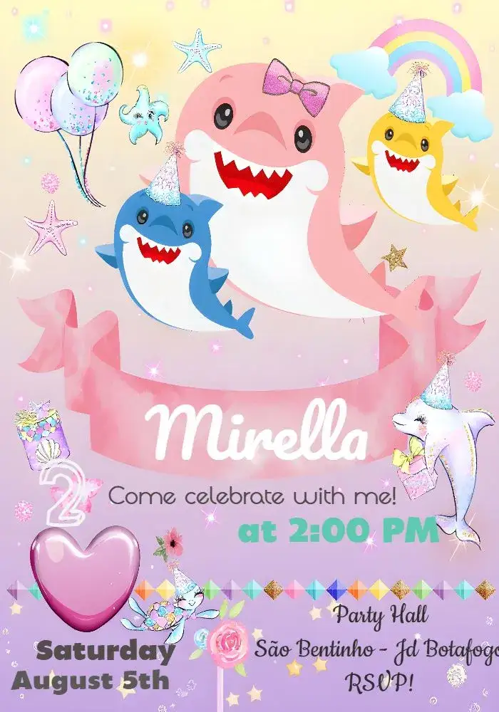 Invitation Baby Shark Png – Commemorative Dates theme pink, children's themed, navy blue, fun, colorful, lively