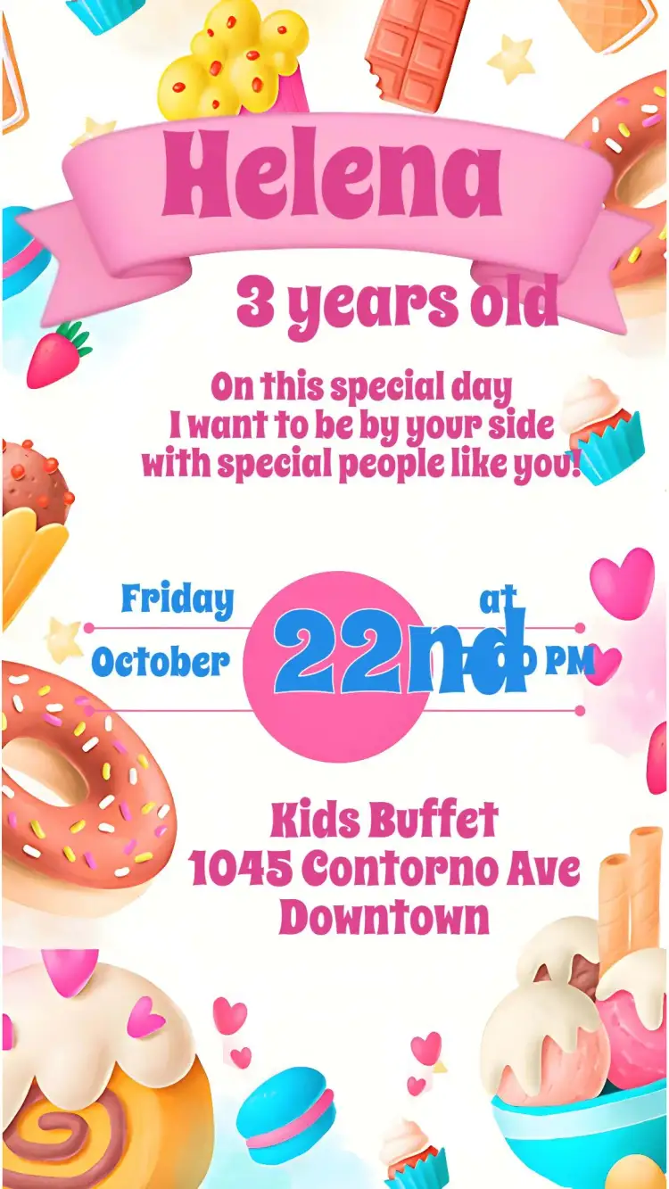 Invitation Sweet treats – Kids' Birthday Party theme colorful, fun, sweet, childlike, bright, festive