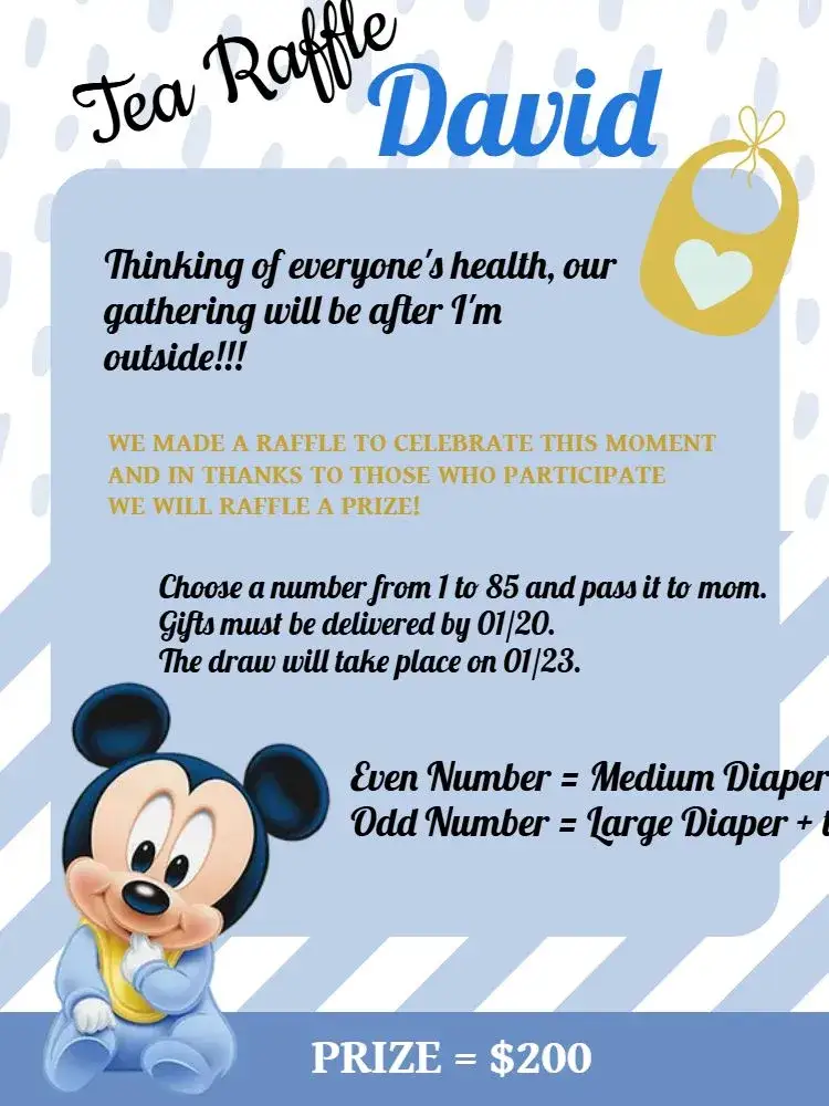 Invitation Mickey Mouse Baby Bib Raffle Tea – Raffle Tea theme Mickey Mouse, blue, white, golden, black, childish