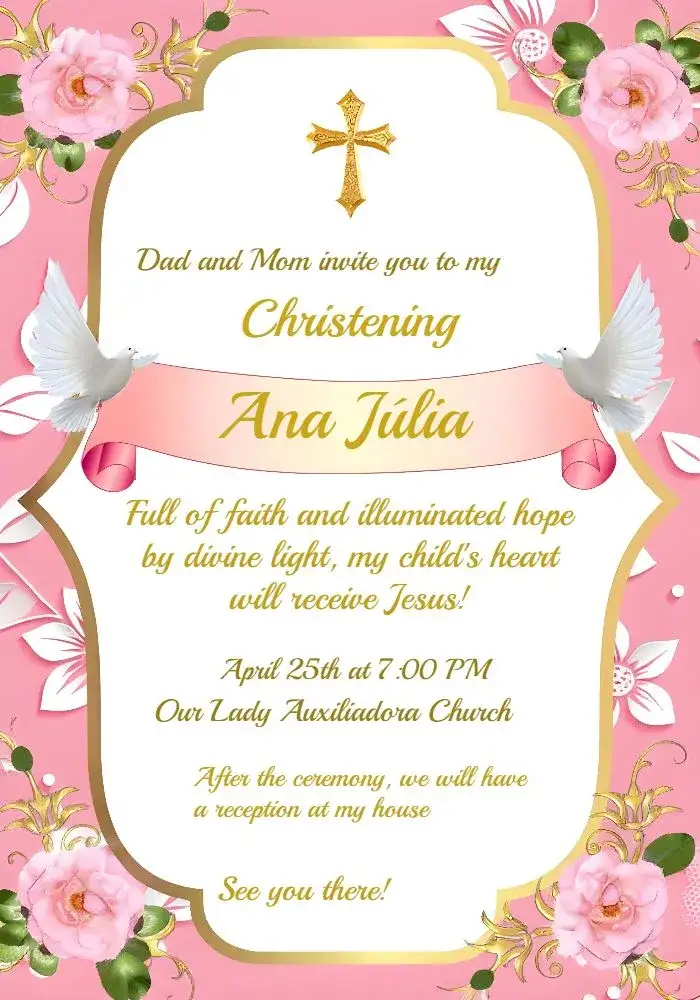 Invitation Golden Girl Baptism – Baptism theme golden, pink, minimalist, childish, elegant