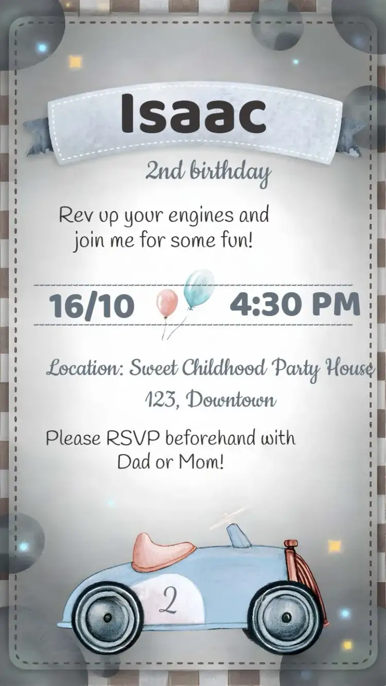 Invitation Car Aquarelle 1 – Commemorative Dates theme watercolor, blue, children's, playful, cars, themed party