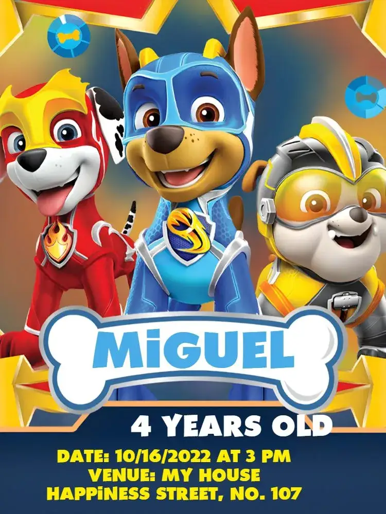 Invitation Blue Paw Patrol – Kids' Birthday Party theme blue, golden, white, themed, children's