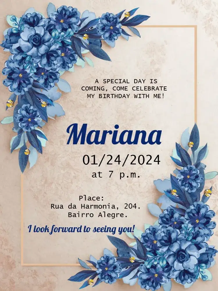 Invitation Golden Blue Floral – Birthday theme floral, elegant, golden, modern, vibrant, sophisticated