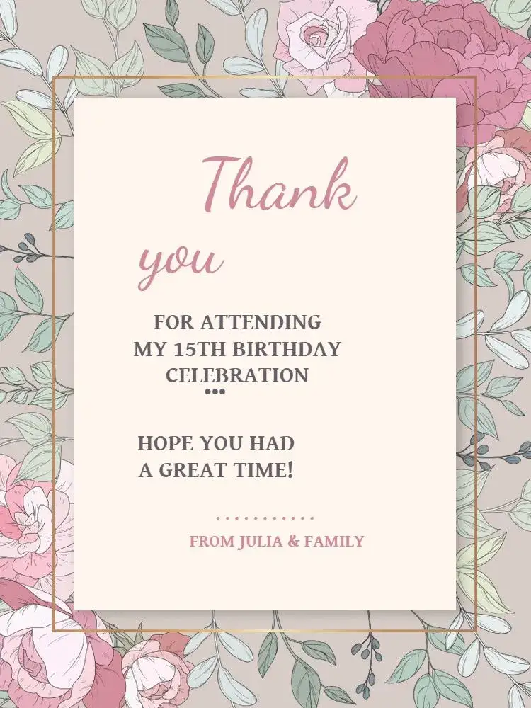 Invitation Thank You Card 15th Floral Gratitude Presence – Card theme floral, delicate, feminine, light, romantic, modern