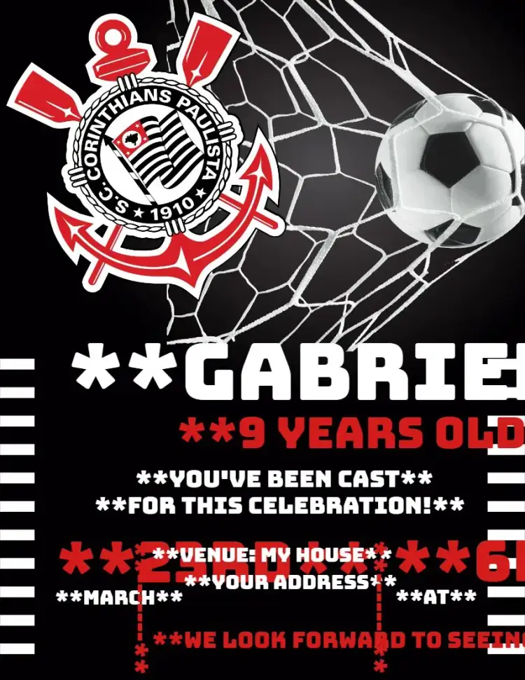 Invitation Corinthians 4 – Birthday theme modern, sporty, vibrant, black and white, soccer, dynamic