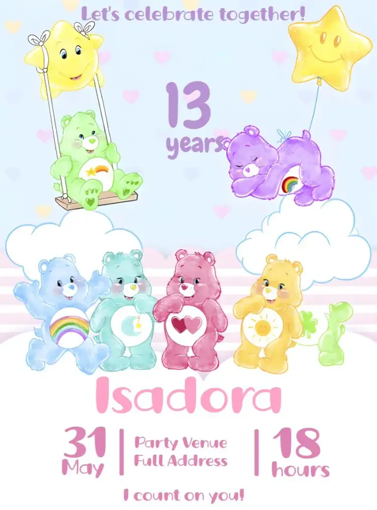 Invitation Care Bears Glitter – Kids' Birthday Party theme colorful, bright, childlike, fun, playful, charming