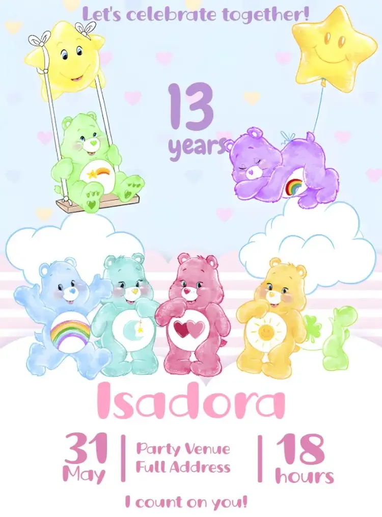Care Bears Glitter invitation