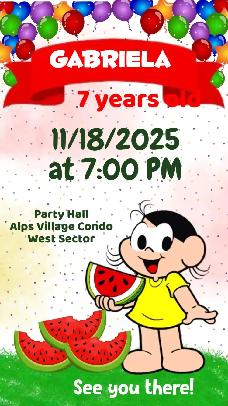 Invitation Magali – Kids' Birthday Party theme vibrant colors, fun style, childhood graphic elements, cheerful design, colorful themes, playful illustrations